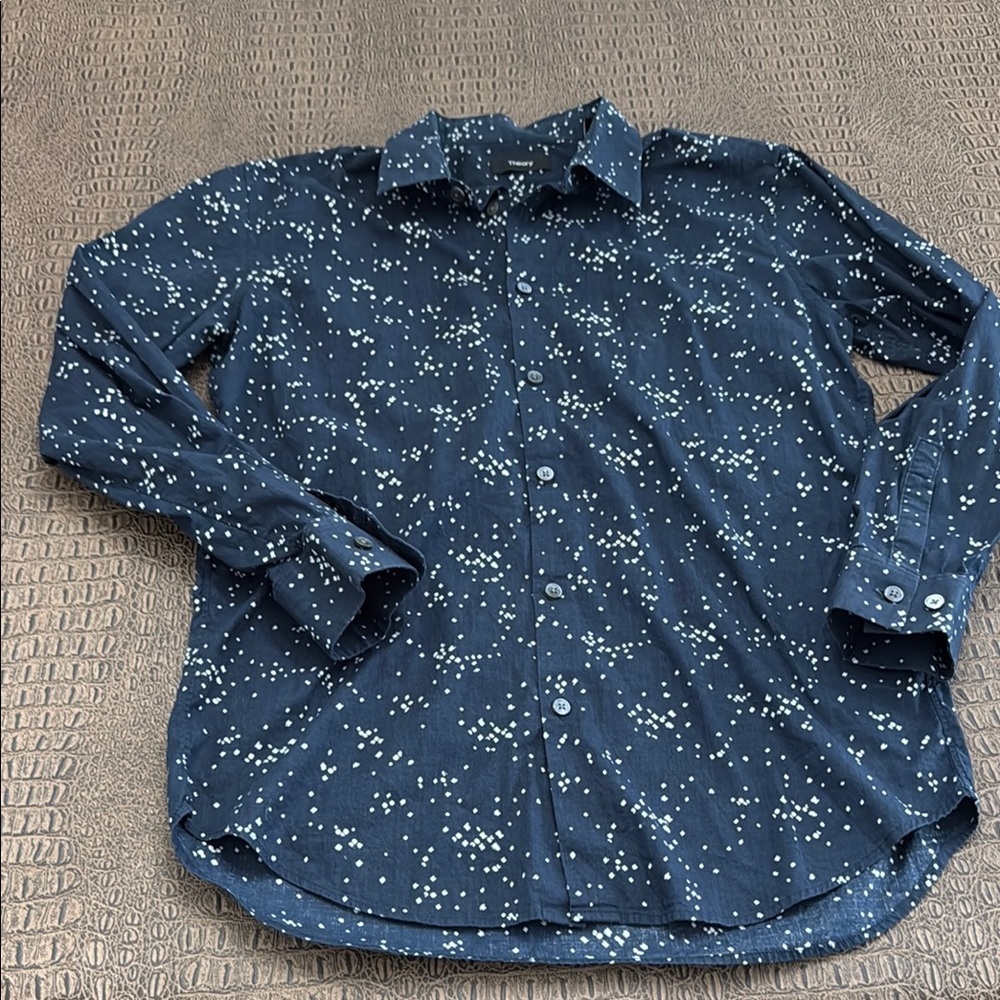Theory Men’s Small Irving Scatter Print Button-Up Shirt Navy White